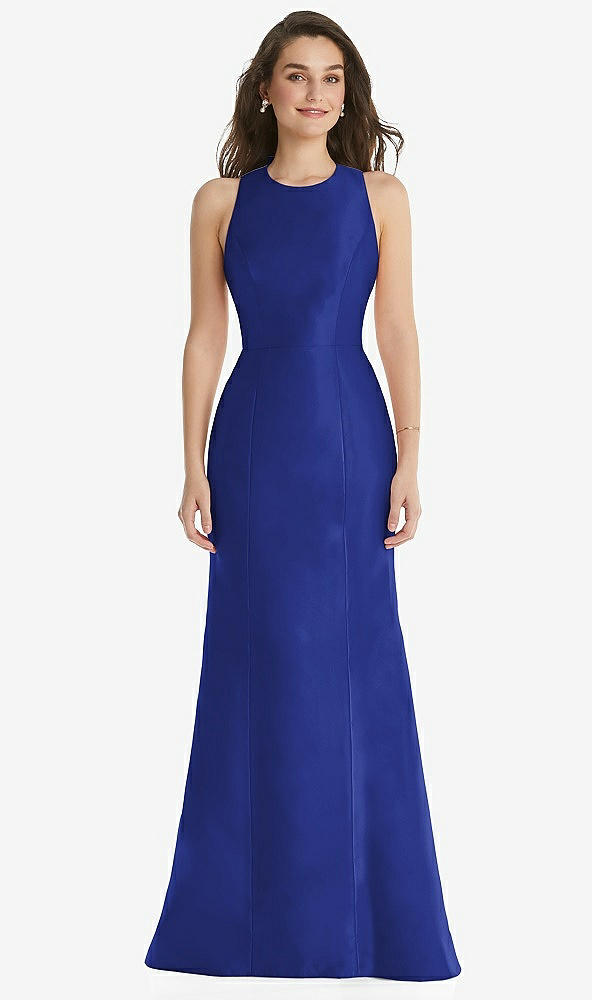 Front View - Cobalt Blue Jewel Neck Bowed Open-Back Trumpet Dress