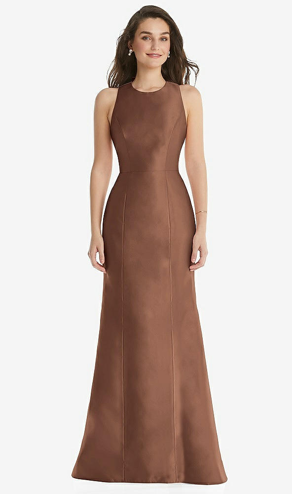 Front View - Cognac Jewel Neck Bowed Open-Back Trumpet Dress