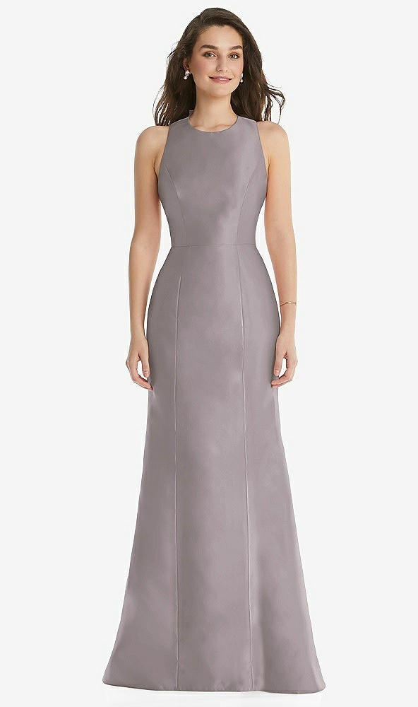 Front View - Cashmere Gray Jewel Neck Bowed Open-Back Trumpet Dress
