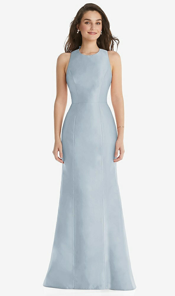 Front View - Mist Jewel Neck Bowed Open-Back Trumpet Dress