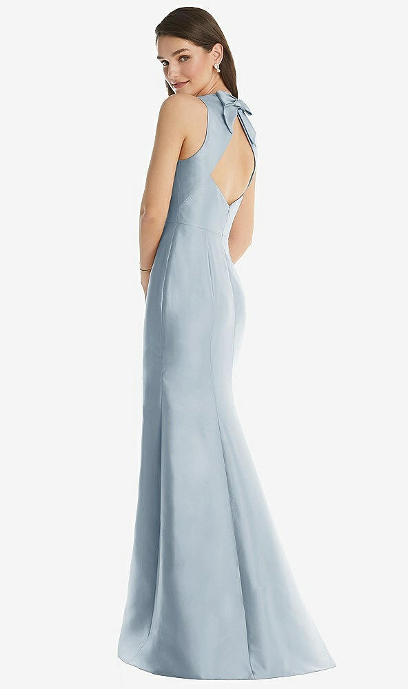 Back View - Mist Jewel Neck Bowed Open-Back Trumpet Dress