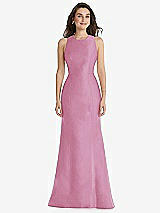 Front View Thumbnail - Powder Pink Jewel Neck Bowed Open-Back Trumpet Dress