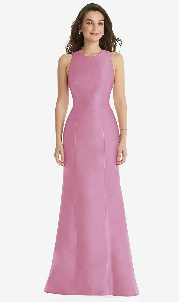 Front View - Powder Pink Jewel Neck Bowed Open-Back Trumpet Dress