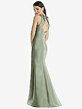 Rear View Thumbnail - Sage Jewel Neck Bowed Open-Back Trumpet Dress