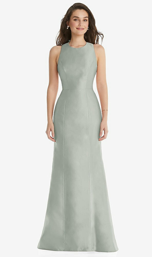 Front View - Willow Green Jewel Neck Bowed Open-Back Trumpet Dress