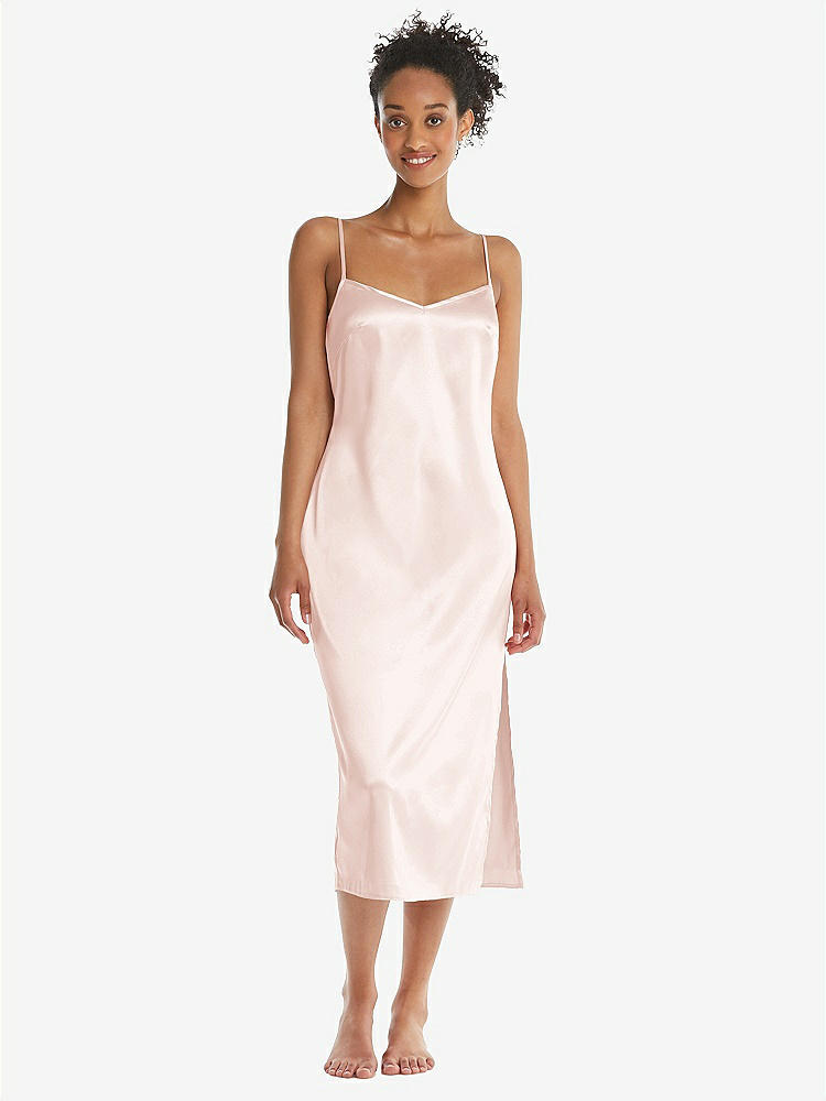 Front View - Blush Midi Stretch Satin Slip with Adjustable Straps - Asley