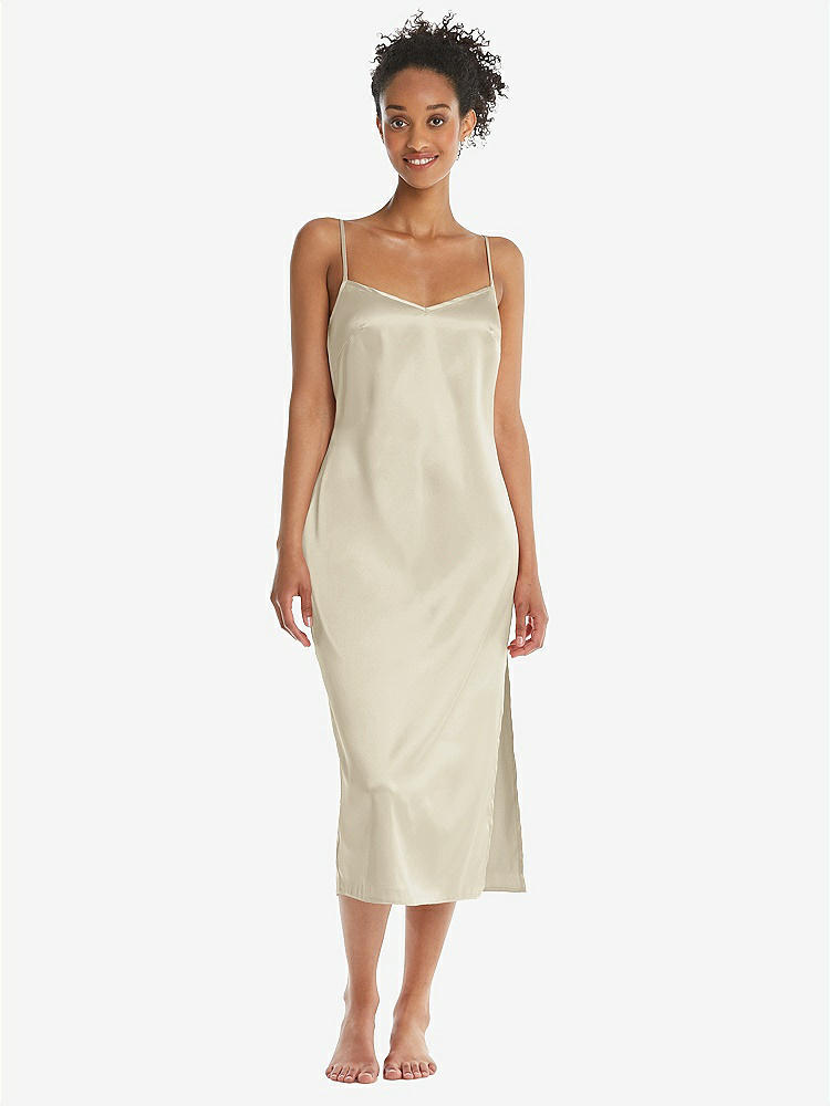 Front View - Champagne Midi Stretch Satin Slip with Adjustable Straps - Asley
