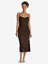 Front View Thumbnail - Espresso Midi Stretch Satin Slip with Adjustable Straps - Asley