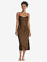 Front View Thumbnail - Latte Midi Stretch Satin Slip with Adjustable Straps - Asley