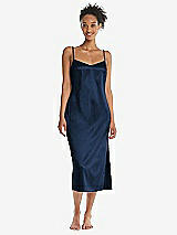 Front View Thumbnail - Midnight Navy Midi Stretch Satin Slip with Adjustable Straps - Asley