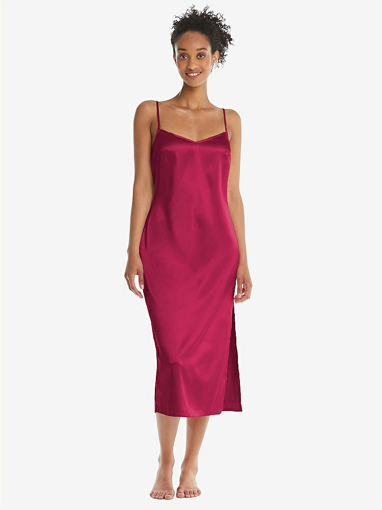 Front View - Valentine  Midi Stretch Satin Slip with Adjustable Straps - Asley