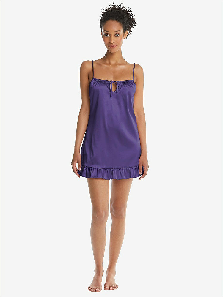 Front View - Regalia - PANTONE Ultra Violet Ruffled Hem Mini Stretch Satin Slip with Keyhole Neck - Jordan