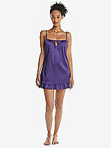 Front View Thumbnail - Regalia - PANTONE Ultra Violet Ruffled Hem Mini Stretch Satin Slip with Keyhole Neck - Jordan