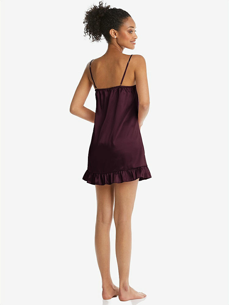 Back View - Bordeaux Ruffled Hem Mini Stretch Satin Slip with Keyhole Neck - Jordan