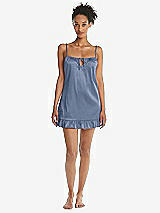 Front View Thumbnail - Larkspur Blue Ruffled Hem Mini Stretch Satin Slip with Keyhole Neck - Jordan