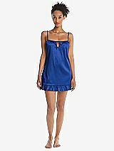 Front View Thumbnail - Sapphire Ruffled Hem Mini Stretch Satin Slip with Keyhole Neck - Jordan