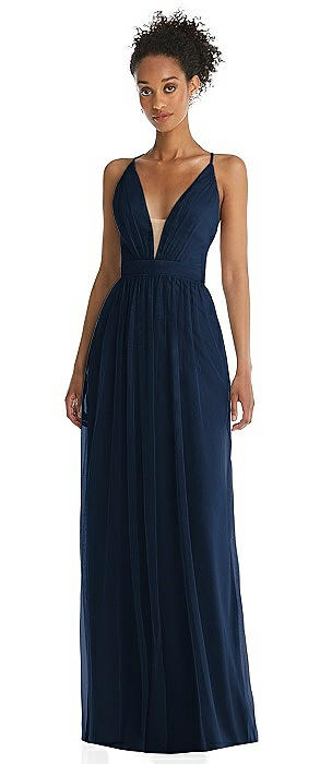 Illusion Deep V-Neck Tulle Maxi Dress with Adjustable Straps