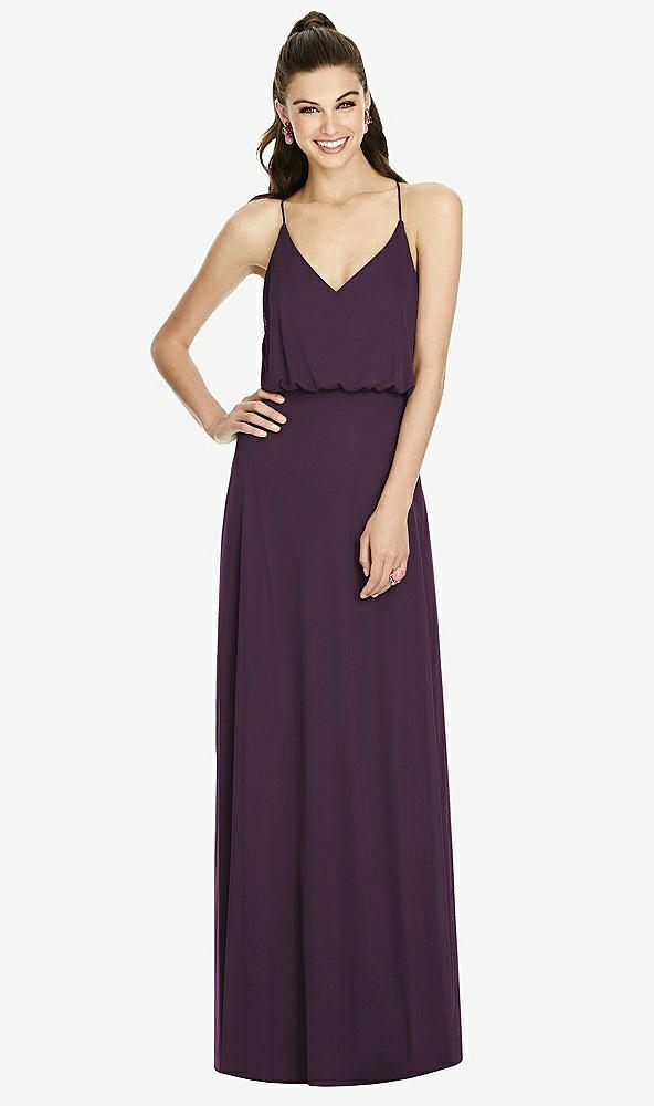 Front View - Aubergine Inverted V-Back Blouson A-Line Maxi Dress
