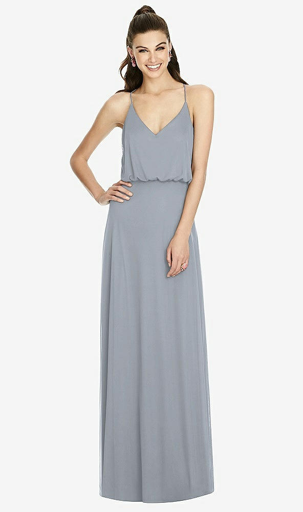 Front View - Platinum Inverted V-Back Blouson A-Line Maxi Dress