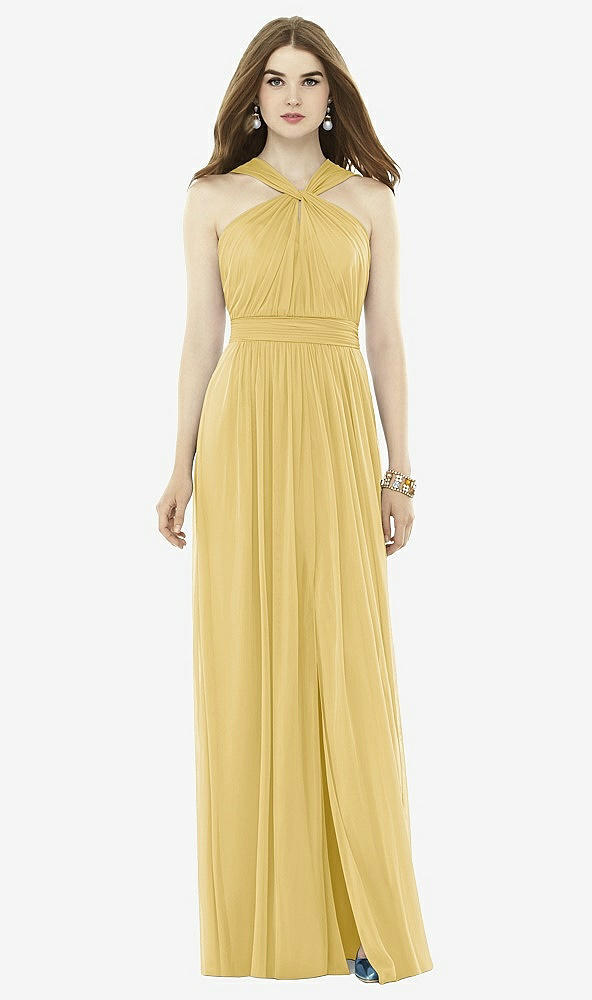 Front View - Maize Twist Halter Low Illusion Back Maxi Dress