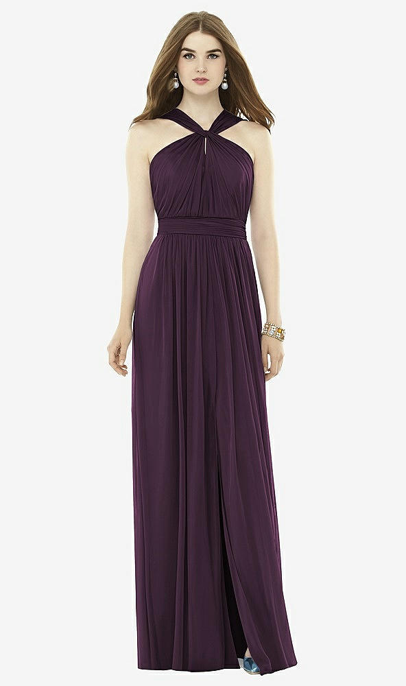 Front View - Aubergine Twist Halter Low Illusion Back Maxi Dress
