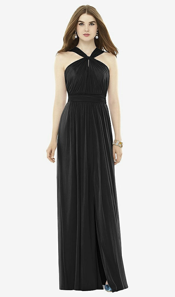 Front View - Black Twist Halter Low Illusion Back Maxi Dress