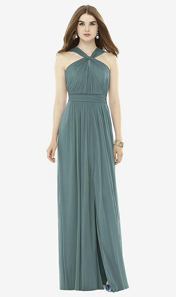 Front View - Smoke Blue Twist Halter Low Illusion Back Maxi Dress