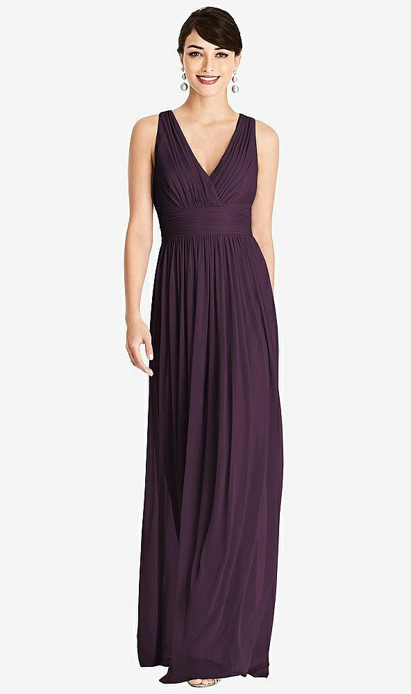 Front View - Aubergine Shirred Wrap Bodice Twist Back Maxi Dress
