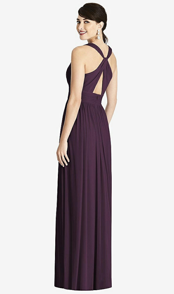 Back View - Aubergine Shirred Wrap Bodice Twist Back Maxi Dress