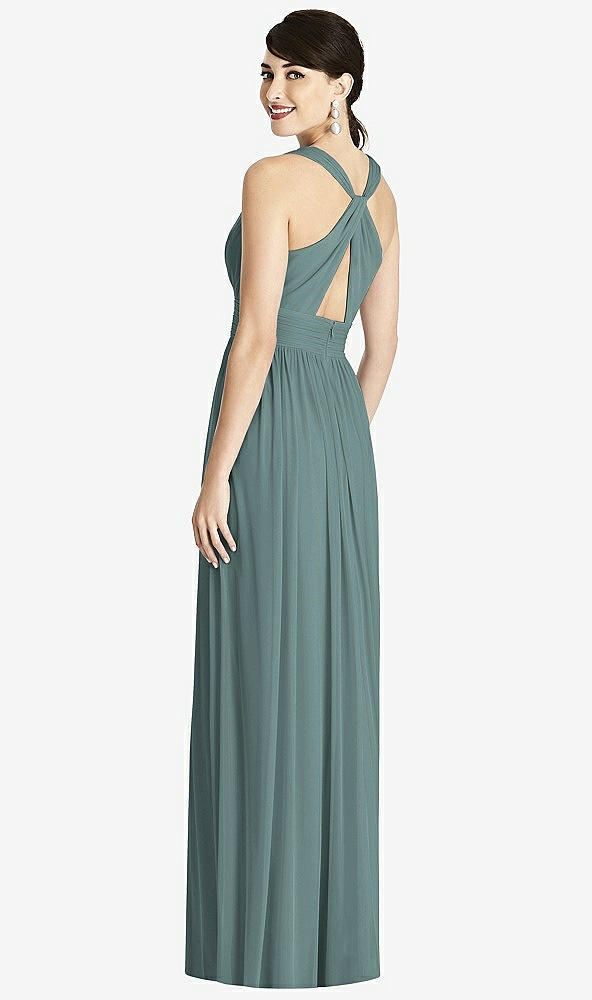 Back View - Smoke Blue Shirred Wrap Bodice Twist Back Maxi Dress