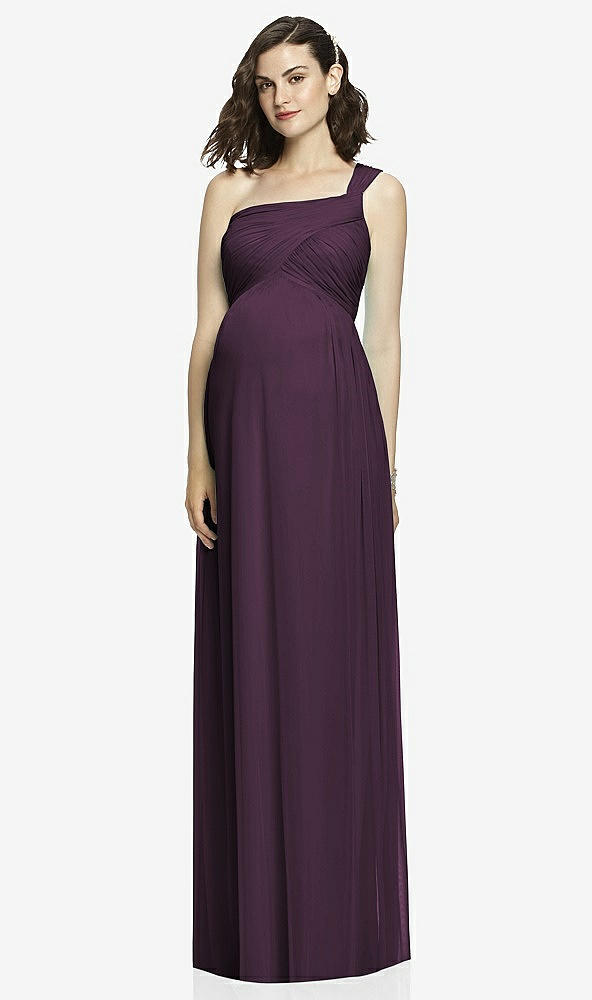 Front View - Aubergine One-Shoulder Asymmetrical Draped Wrap Maternity Dress