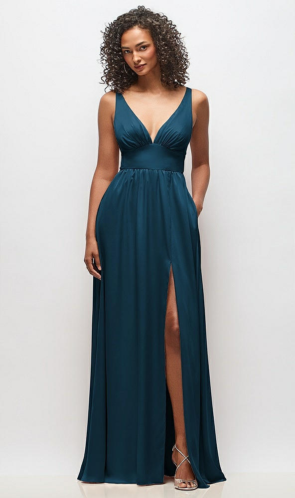 Front View - Atlantic Blue Deep V-Neck Shirred Skirt Maxi Dress with Convertible Straps