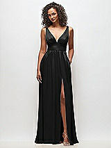 Front View Thumbnail - Black Deep V-Neck Shirred Skirt Maxi Dress with Convertible Straps