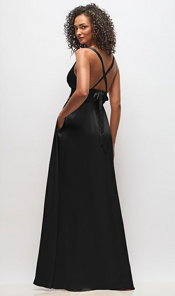 Back View - Black Deep V-Neck Shirred Skirt Maxi Dress with Convertible Straps