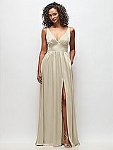 Front View Thumbnail - Champagne Deep V-Neck Shirred Skirt Maxi Dress with Convertible Straps