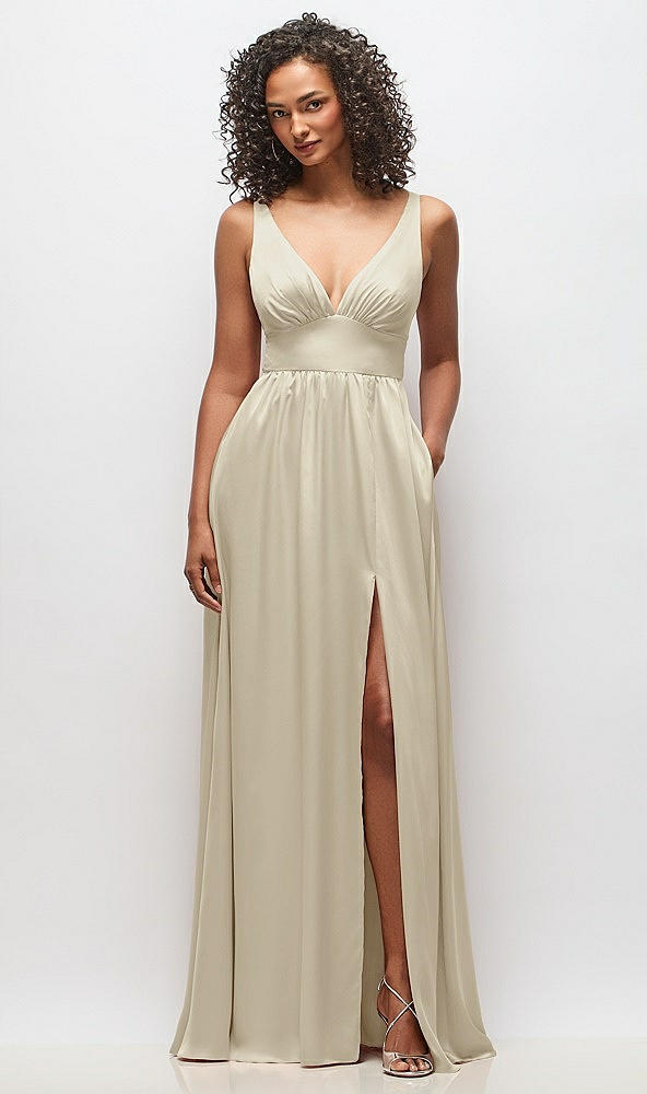 Front View - Champagne Deep V-Neck Shirred Skirt Maxi Dress with Convertible Straps
