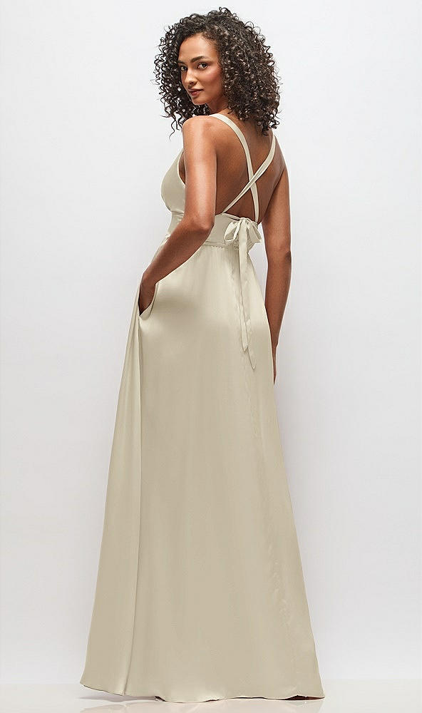 Back View - Champagne Deep V-Neck Shirred Skirt Maxi Dress with Convertible Straps