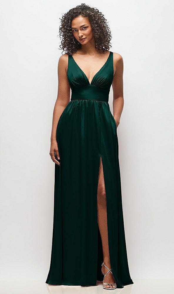 Front View - Evergreen Deep V-Neck Shirred Skirt Maxi Dress with Convertible Straps