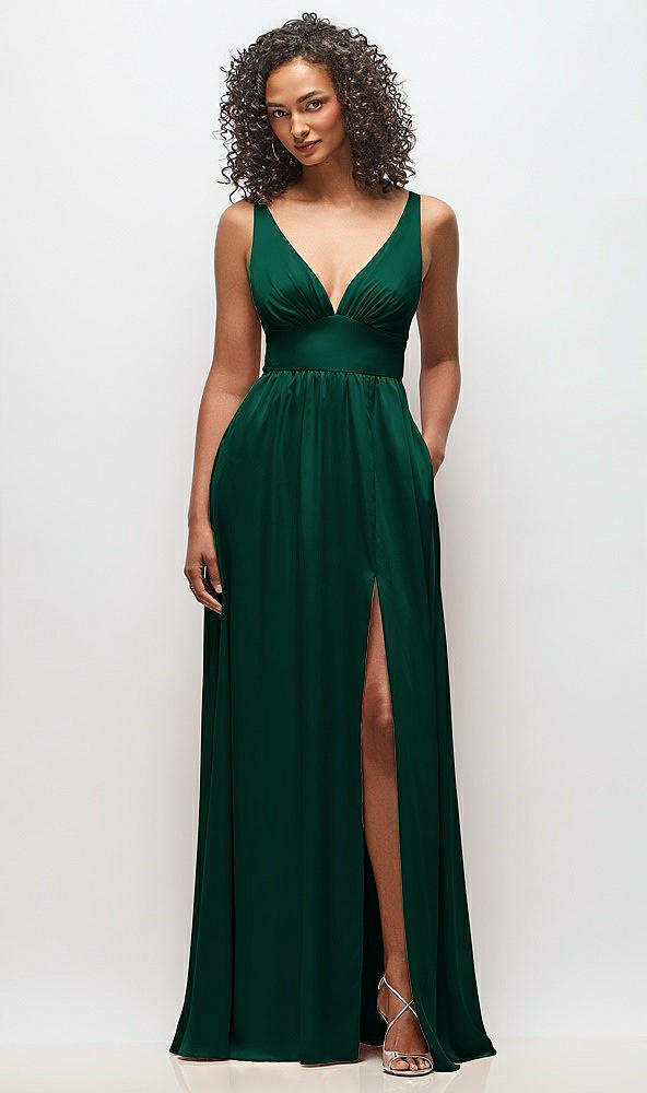 Front View - Hunter Green Deep V-Neck Shirred Skirt Maxi Dress with Convertible Straps