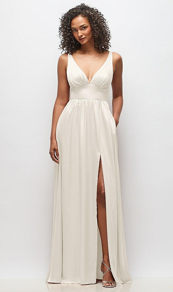 Front View - Ivory Deep V-Neck Shirred Skirt Maxi Dress with Convertible Straps