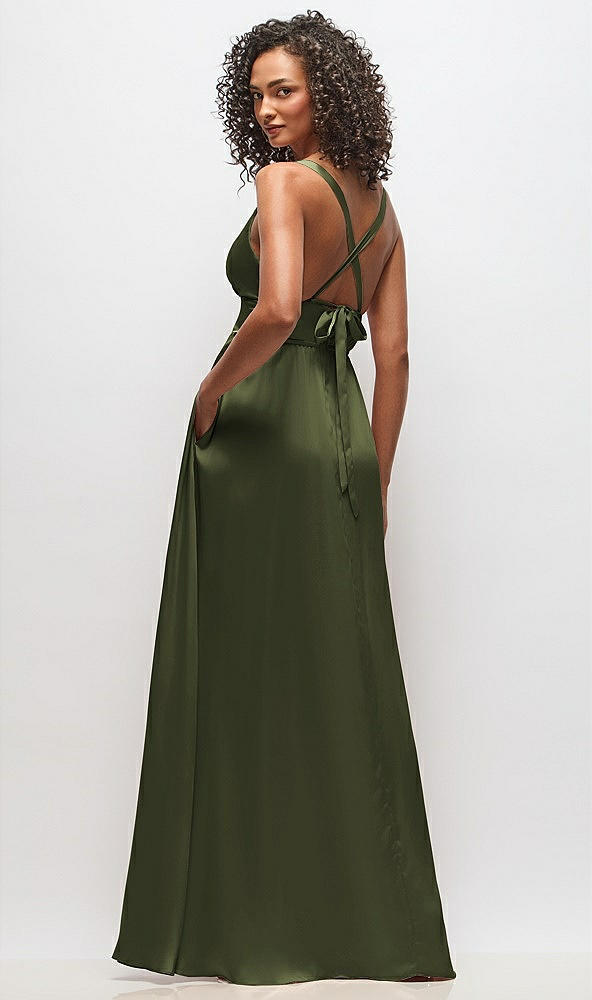 Back View - Olive Green Deep V-Neck Shirred Skirt Maxi Dress with Convertible Straps