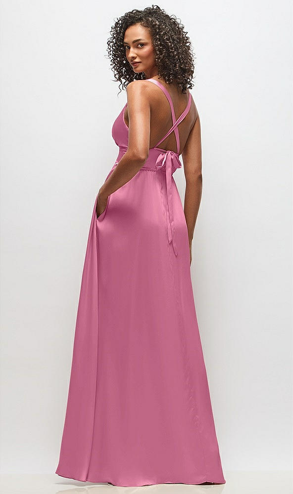 Back View - Orchid Pink Deep V-Neck Shirred Skirt Maxi Dress with Convertible Straps