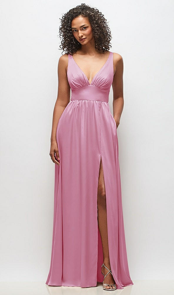 Front View - Powder Pink Deep V-Neck Shirred Skirt Maxi Dress with Convertible Straps