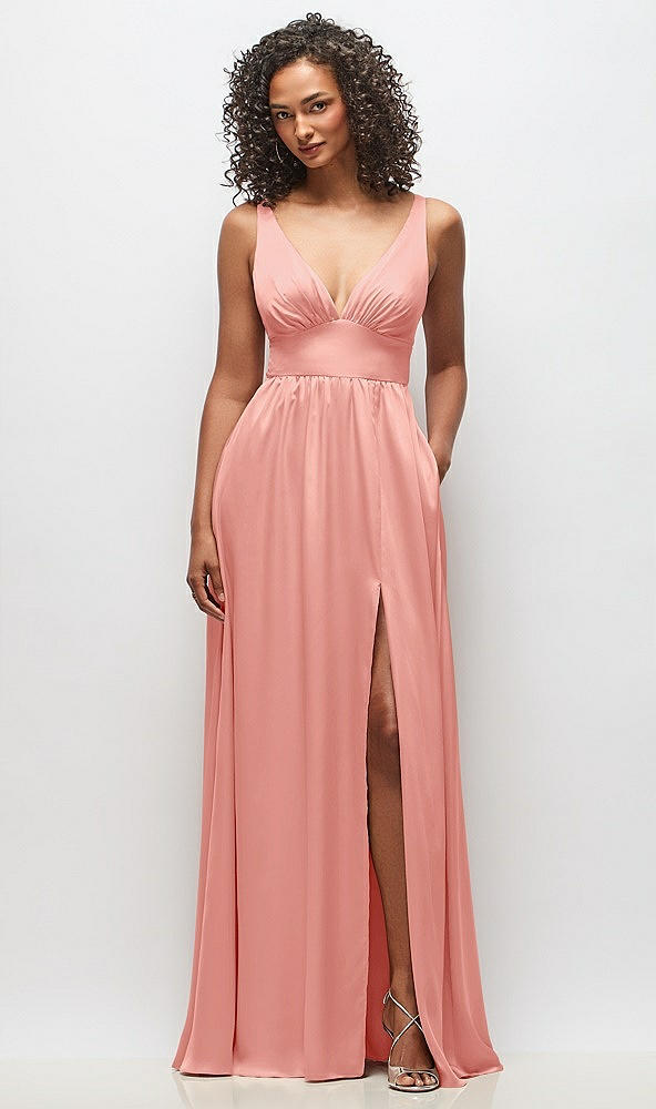 Front View - Rose Deep V-Neck Shirred Skirt Maxi Dress with Convertible Straps