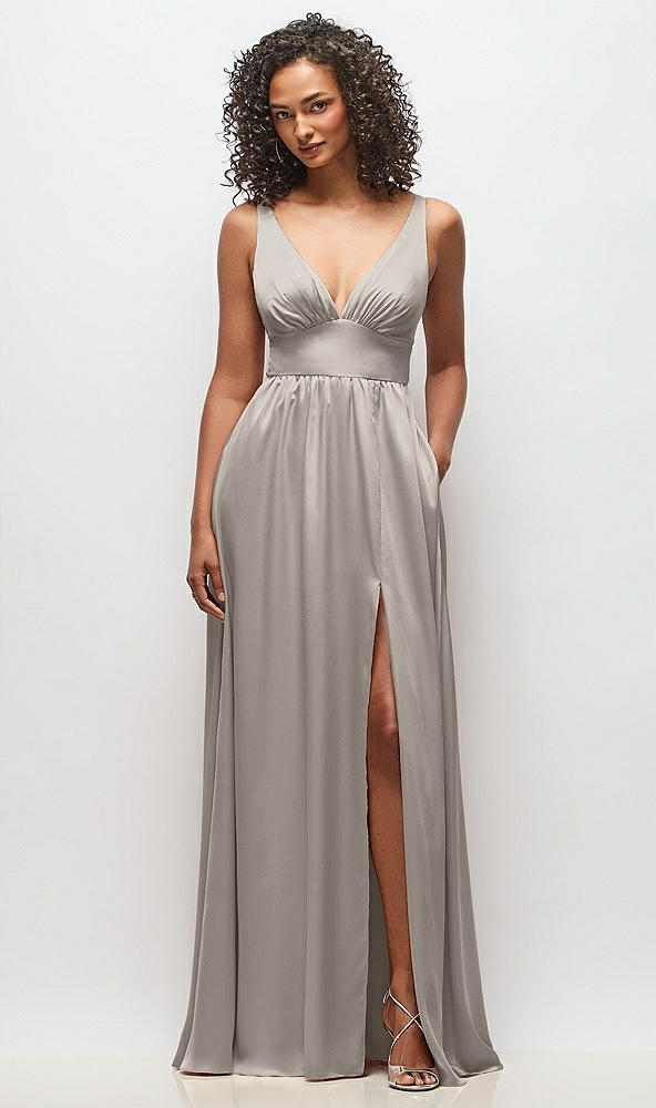 Front View - Taupe Deep V-Neck Shirred Skirt Maxi Dress with Convertible Straps
