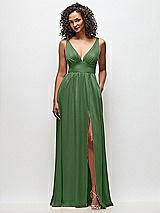 Front View Thumbnail - Vineyard Green Deep V-Neck Shirred Skirt Maxi Dress with Convertible Straps