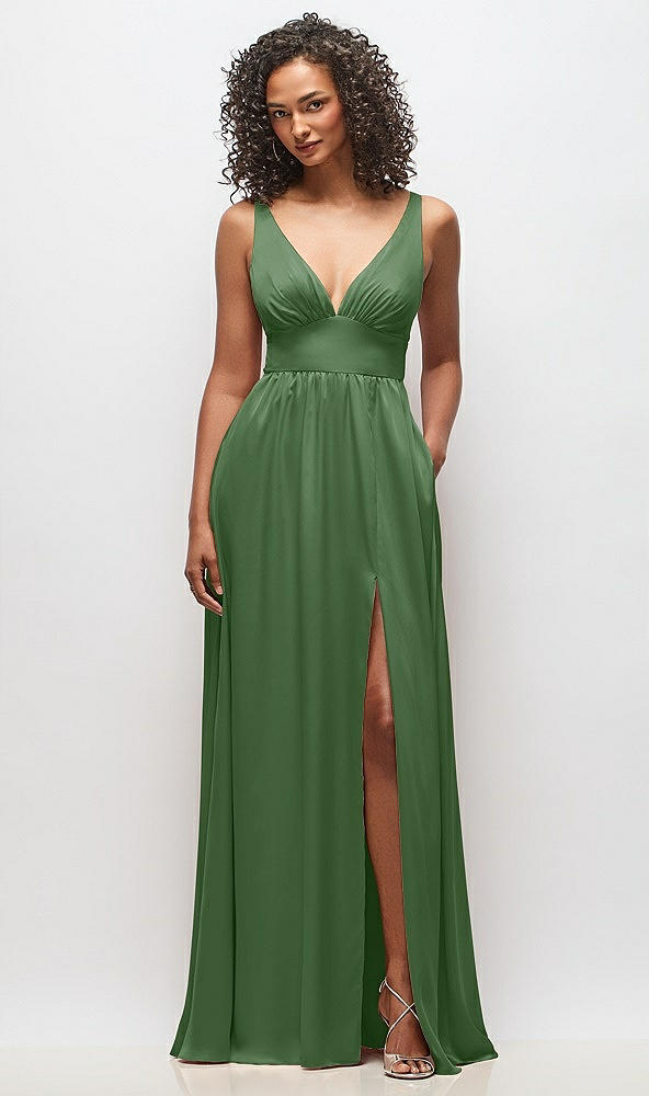 Front View - Vineyard Green Deep V-Neck Shirred Skirt Maxi Dress with Convertible Straps