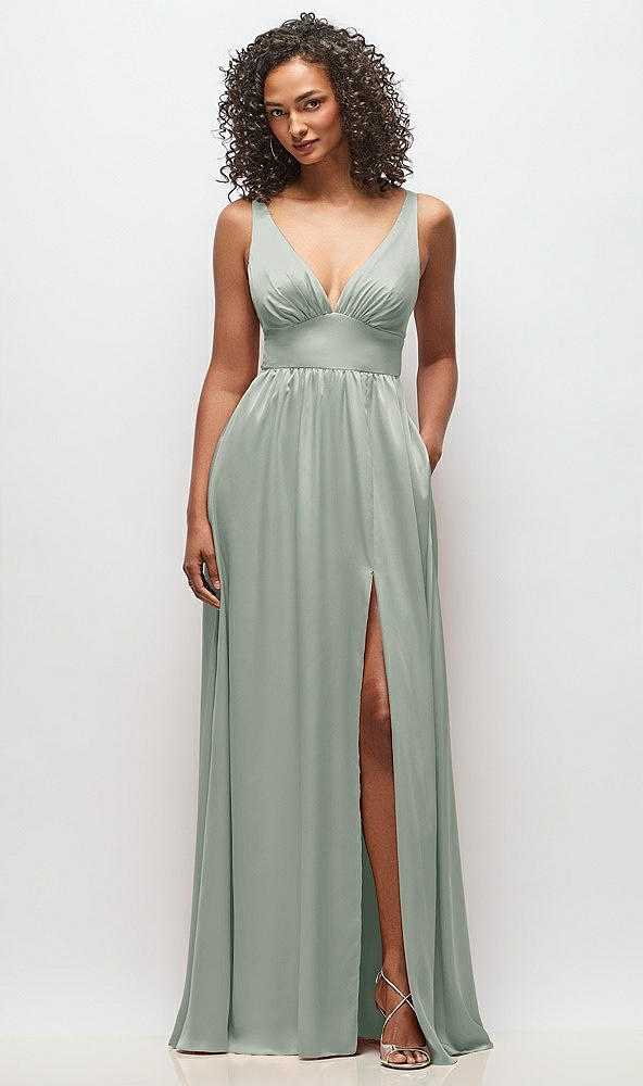 Front View - Willow Green Deep V-Neck Shirred Skirt Maxi Dress with Convertible Straps