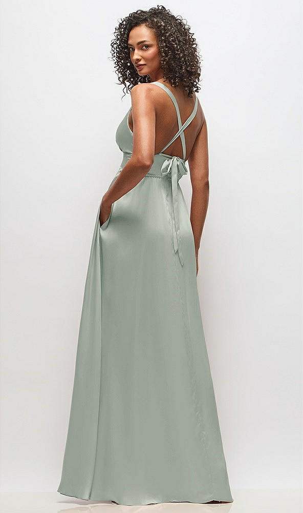Back View - Willow Green Deep V-Neck Shirred Skirt Maxi Dress with Convertible Straps