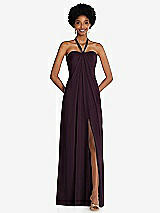 Front View Thumbnail - Deep Plum Draped Chiffon Grecian Column Gown with Convertible Straps